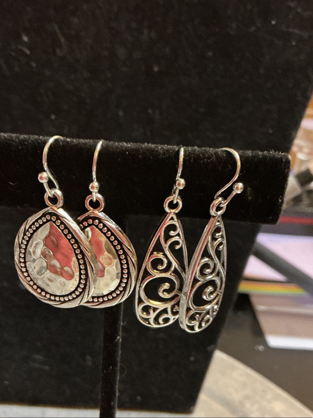 Silver Teardrop Filigree and Hammered Double Earring Set - Silver